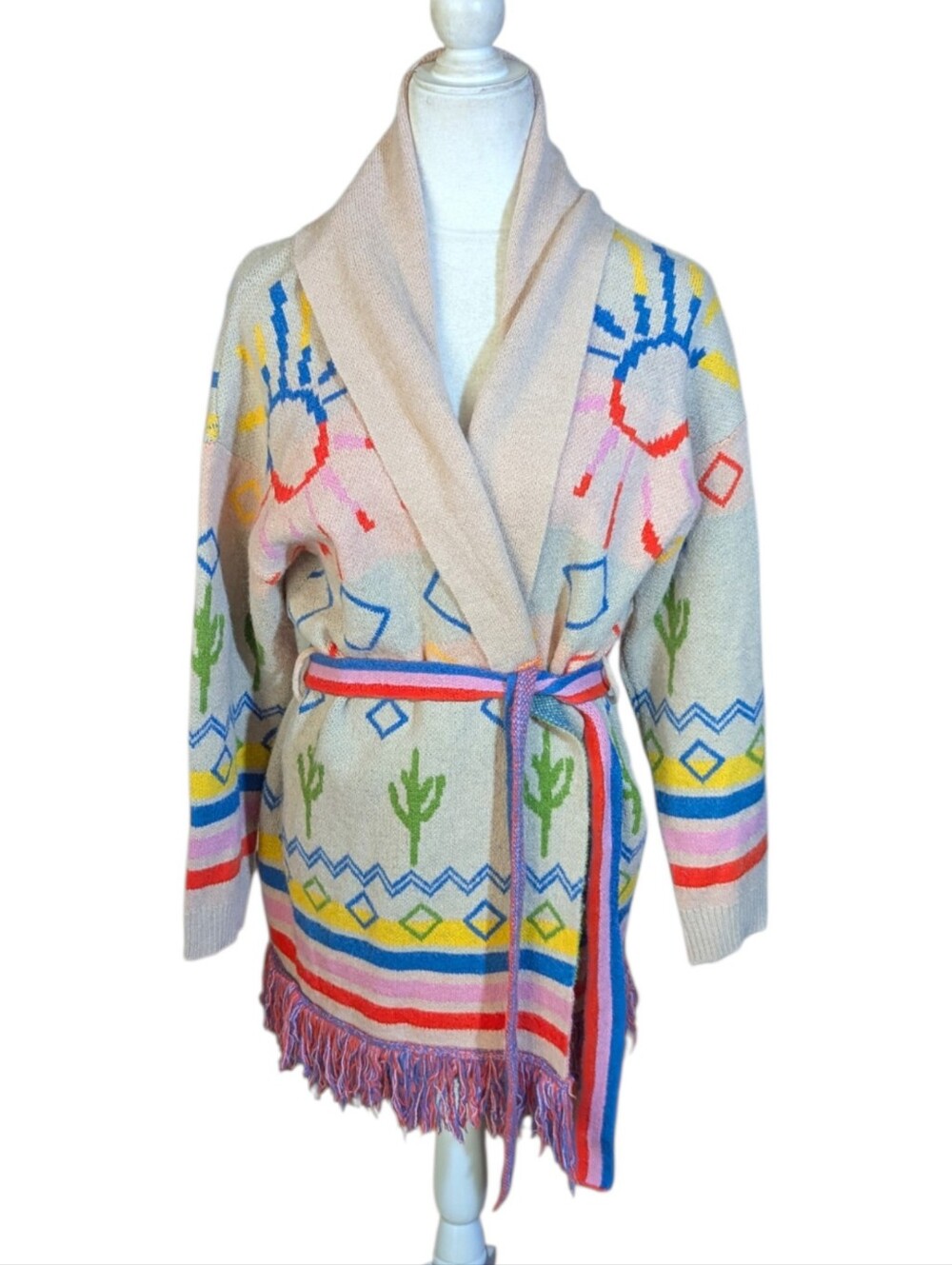 New Maya Beige Southwestern Fringe Belted Cardigan Sweater - Multicolor NWT Sz M